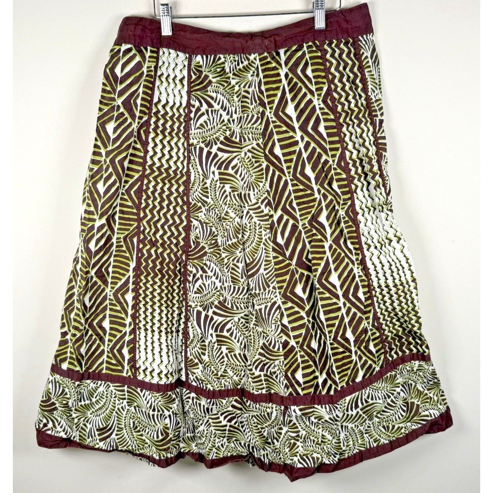 Boho Patchwork Midi‎ Skirt Brown Green Tribal Print Y2K Artsy Festival sz 14